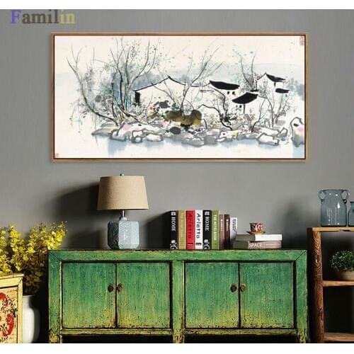 Wu Guanzhong plain painted copy works of modern Chinese decorative painting living room bedroom entrance Jiangnan