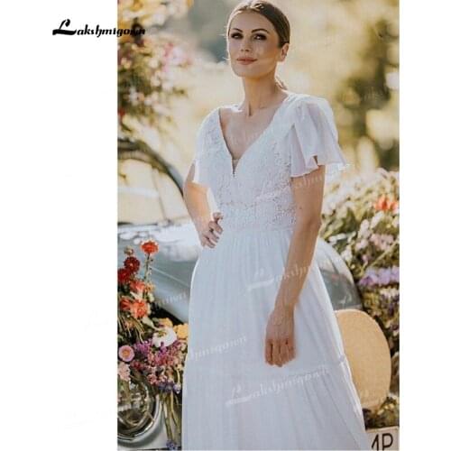 Elegant A-Line Chiffon Wedding Dresses Low V-Neck Lace Short Sleeve With Ruffles Pleat Floor-Length Sweep/Brush Train Bride Gown