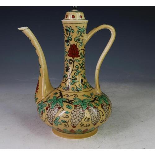 Antique MingDynasty porcelain pot,Yellowfiled color grape jug,hand-painted crafts, home Decoration,collection & adornment