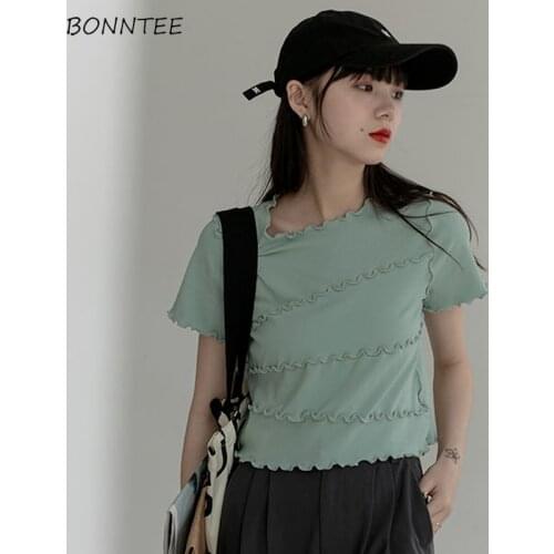 T-shirts Women Solid Color Edible Tree Fungus Design O-neck Crop Top Summer Elegant Fashionable Casual Retro Simple Basic Street