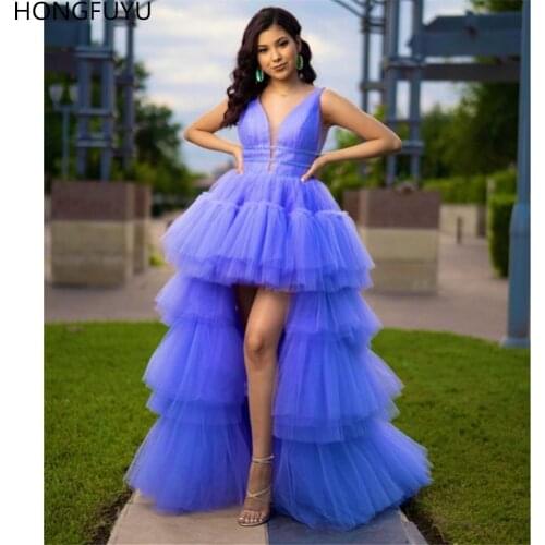 HONGFUYU 2020 Tulle Tiered High-low Prom Dress Ruched Plunging Deep V Neck Formal Evening Dresses with Beaded Triple Waist Belt