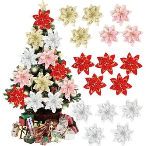 10 Pcs Christmas Glitter Poinsettia Flowers Decorative Artificial Flowers for Christmas Tree Ornaments 13cm faux silk flower