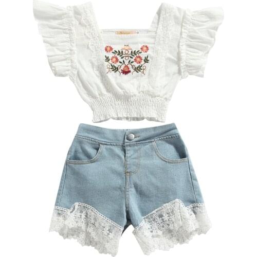 Citgeett Summer Kids Girls Clothes Set Floral Embroidery Flying Sleeve Square Collar Tops + Denim Short Jeans Clothing