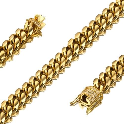Men 10mm Cuban Link Chain Gold Color Stainless Steel Curb Necklace Or Bracelet with cz Diamond Light Duty Solid Chain Choker