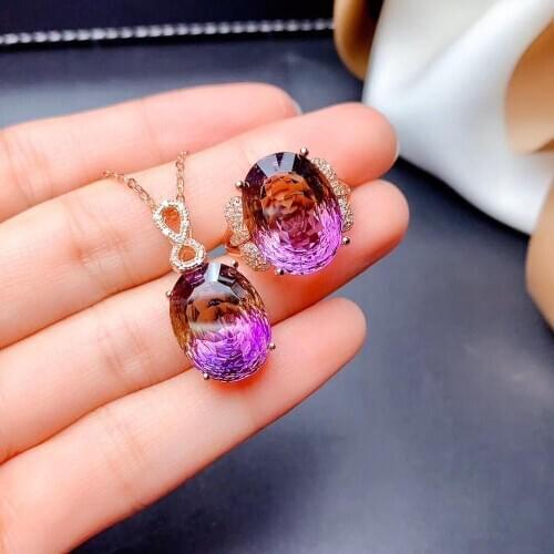 New Design Anniversary Best Gift Ametrine jewelry set Natural Real Ametrine 925 sterling silver 1pc pendant,1pc ring