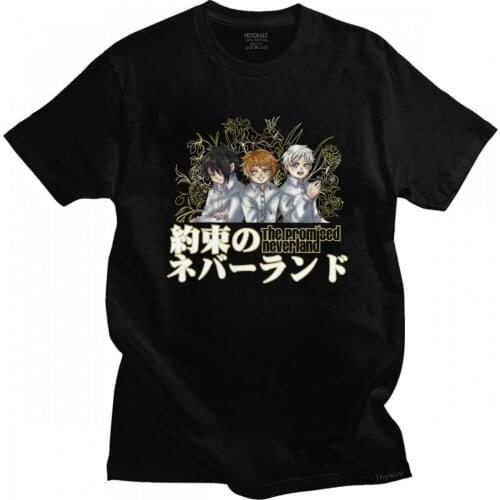 Japan Anime The Promised Neverland T Shirts for Men Pre-shrunk Cotton Emma Norman Ray Tee Tops Short Sleeved Manga T-shirt Merch