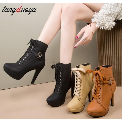 Plus Size 43 Ankle Boots Women Platform High Heels Female Lace up Womens Shoes Buckle Woman Short Boot Ladies Footwear