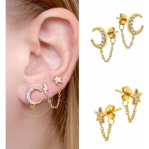 925 Silver Ear Needle Chain Stud Earrings for Women Minimalist Lovely Gold Color Crystal Flower Earrings Fashion Wedding Jewelry