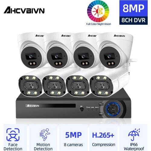 AHCVBIVN 8CH 4K DVR System Kit AHD Face Ditection Full Color Night 5MP HD Camera CCTV Security Surveillance System XMEYE IP66
