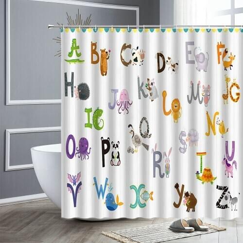 Cartoon Animal Alphabet Shower Curtain Element Periodic Table Childrens Bathroom Decor Gift Waterproof Fabric Hanging Curtains
