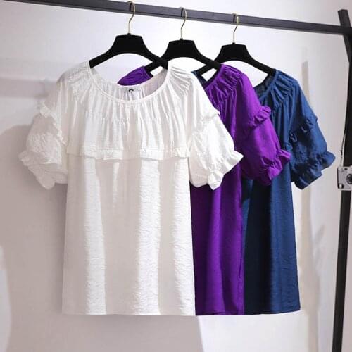 150Kg Plus size womens summer loose ruffled short-sleeved t-shirt bust 165cm 6XL 7XL 8XL 9XL 10XL fresh top white blue purple