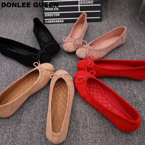 Plus Size 35-41 Women Flats Slip On Flat Shoes Round Toe Shallow Butterfly-knot Ballerina Slip On Loafers Faux Suede Lady Ballet