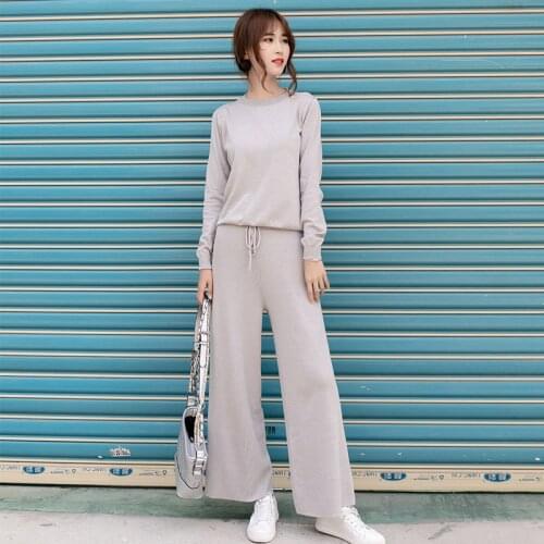 Autumn new womens pants Suit long-sleeved sweater shirt wide-leg pants trousers casual set two-piece Womens Knitted warm Sets
