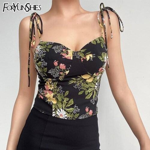 French Women Vintage Straps Bandage Top Chic Floral Printed Camis Korean Harajuku Sexy Backless Kawaii Tank Top 2021 Summer