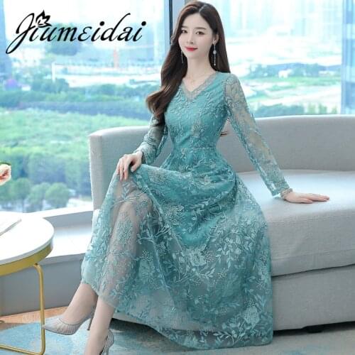 JiuMeiDai Women Autumn Elegant A-Line Dress Office Lady V-Neck Embroidery Robe Femme Vintage Designer Party Clothing Vestidos