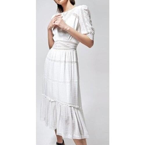 Women Jacquard Lace stitching Midi Dress 2021 Spring Summer Short Sleeve irregular Slim Waist Hollow Out Long Dresses Holiday