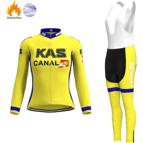 1988 Racing KAS Team Retro Woman Fleece Yellow Cycling Jersey Long sleeve Set winter Mtb Bike Jersey maillot ciclismo mujer
