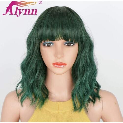 Alynn Mixed Green Short Curly Synthetic Bob Wig With Bangs Shoulder Length Colored Cosplay Wigs For Women Heat Resistant Fiber