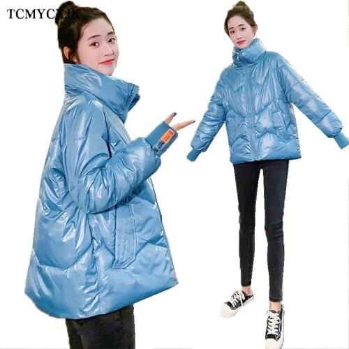 Glossy Jackets Woman Winter 2021 Short Korean Surface Loose Thick Warm Woman Coat Threaded Sleeves Waterproof Plus Size Clothing
