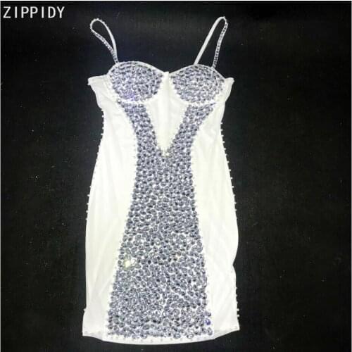 Sparkly Silver Rhinestone Transparent Pearl Dress Birthday Prom Evening Outfit Women Dance White Mesh Short Dress
