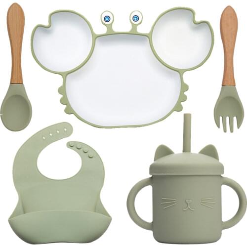 Bopoobo Baby Dishes Silicone Suction Plate Cute Crab Children Feeding Plate Non-Slip Baby Food Feeding Bowl For Children