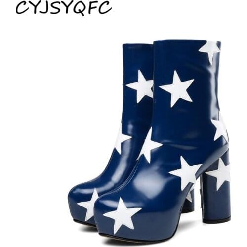 CYJSYQFC Platform Ankle Boots For Women Luxury Print Star High Quality Leather High Heels Shoes Round Heels Ladies Short Boots