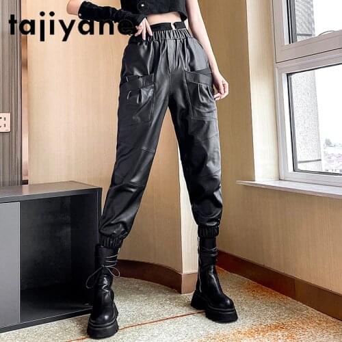 Women Pants Bottoms Real Sheepskin Trousers Woman Cargo Pants Womens Leather High Waist Trousers Pantalon Femme TN1311