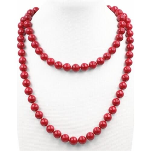 Brilliant Red Artificial Coral Long Necklace Delicate Round Beads Rope Knotted Sweater Chains Necklaces for Women 36inch A733