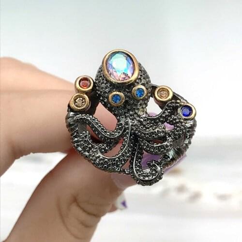 Goth Vintage Rings Charm Fun Octopus Black Golden Jewelry Exaggeration Accessories For Women Party Anniversary Gift