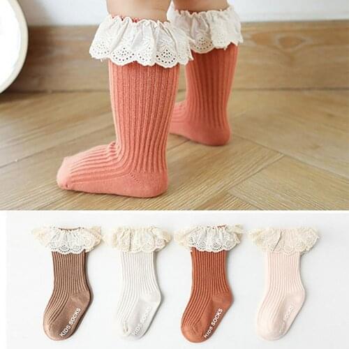 1Pair Cotton Solid Color Middle Tube Lace Baby Floor Socks Non-slip Stocking Baby Girl Socks Toddler Breathable Newborn Infant