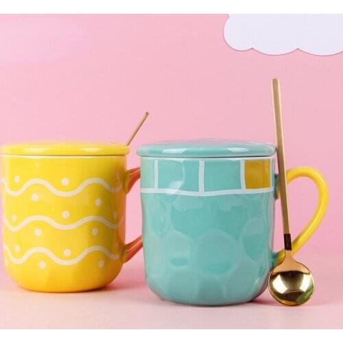 Korean Macarone Color Ceramic Coffee Mug With Cover Spoon Mug Cute Girl Tea Cup Nordic Mug Gift Cup Tumblers Canecas Drinkware