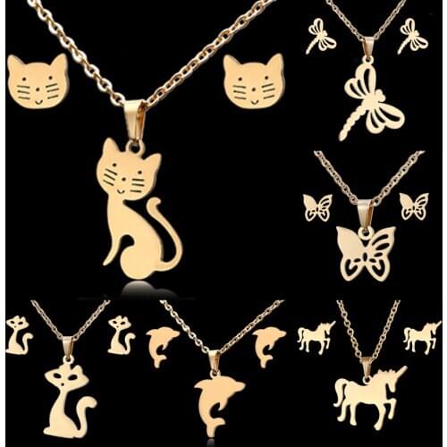 Rinhoo Cute Cat Horse Butterfly Gold Color Stainless Steel Sets Dolphin Elephant Dragonfly Cherry Necklace Earrings Jewelry Set