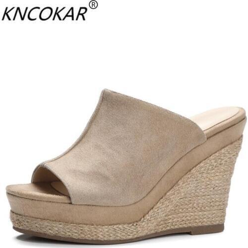 Sheepskin fish-mouth slope with cool slippers girl summer new thick base 100 waterproof platform sandals straw slippers