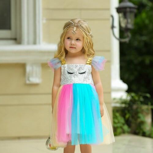 Summer Children Dress Girls Colorful Rainbow Net Yarn Dress Little Girls Birthday Party Gown Princess Flower Girls Tutu Dress