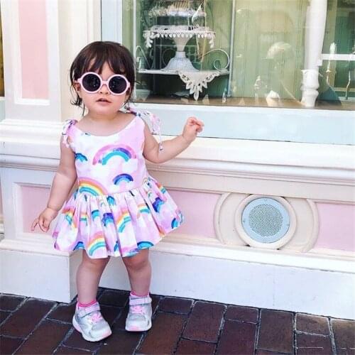 Summer Newborn Baby 2 Pcs Outfits Baby Girls Sleeveless Tie-up Rainbow Print U-shaped Neck Ruffle Romper + Headband Set