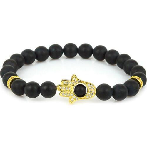 Natural Black Matte Beads Stone Bracelet Men Gold Color Hamsa Charm Bracelet Energy Yoga Mala Bracelets
