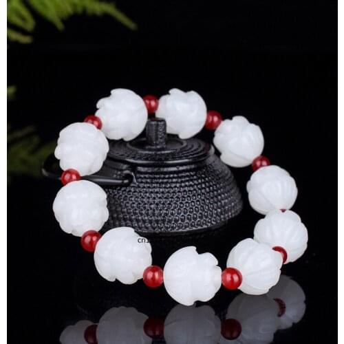 Natural White Jade 18mm Lotus Beads Bracelet Adjustable Bangle Charm Jewellery Fashion Accessories Hand-Carved Man Luck Amulet