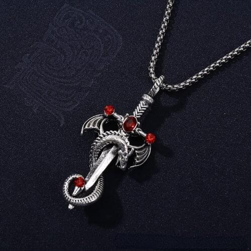 National Style Hip Hop Retro Dragon Sword Titanium Steel Necklace Mens Necklace Long Neck Chain Punk Party Jewelry Gift