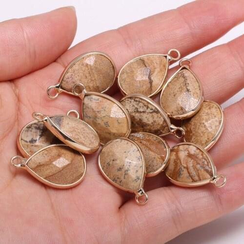 Natural Stone Pendant Water Drop Shaped Picture Stones Faceted Pendant Necklace For DIY Jewelry Best Birthday Gift Size 13x23mm