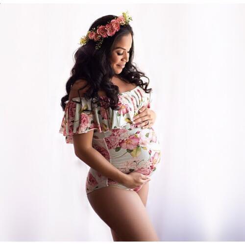 Hot pregnant women off shoulder ruffles dress maternity photography props elastic bodysuit for photo shoot floral pregnancy gown