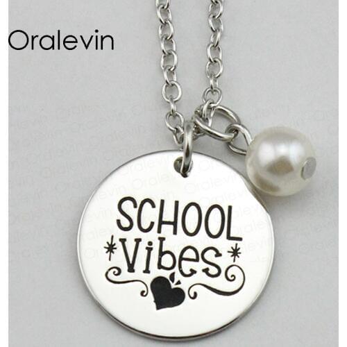 SCHOOL VIBES Inspirational Hand Stamped Engraved Custom Pendant Female Chain Necklace Charm Jewelry Gifts,10Pcs/Lot, #LN1757