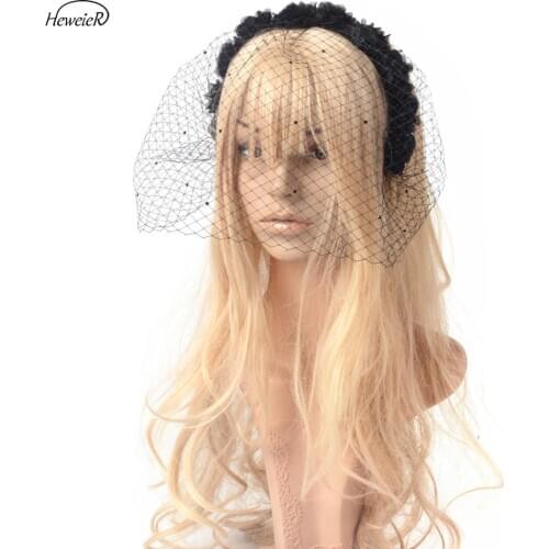 Handmade Black Flower Veil Headband Ascot Cocktail Party Hair Clip Hairband Women Accessories