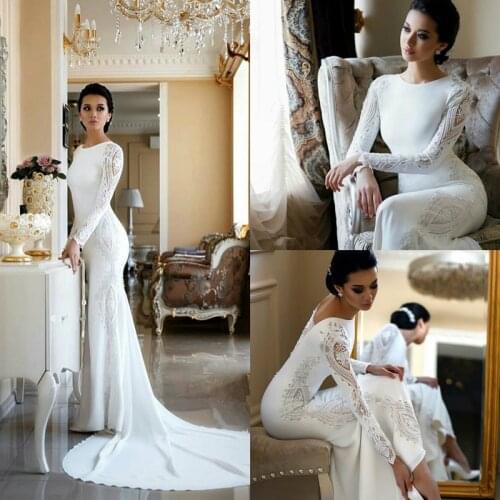 Simple Mermaid Satin Wedding Dresses 2020 robe de mariee Long Sleeve Wedding Gowns Handmade Sweep Train Bridal Dress