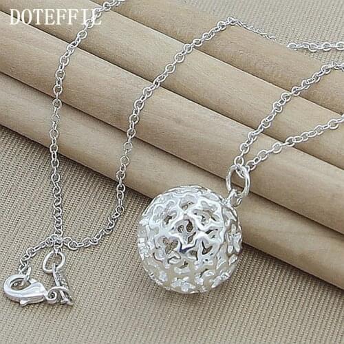DOTEFFIL 925 Sterling Silver 18 Inch Chain Hollow Round Ball Pendant Necklace For Woman Wedding Engagement Party Charm Jewelry