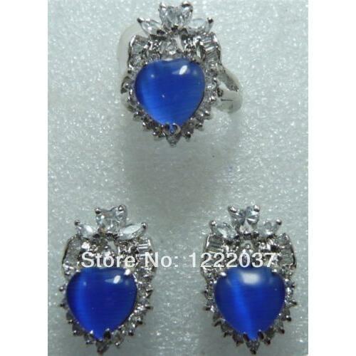 Popular 3color Vintage Heart-shaped inlaid cat eye stone earrings rings Set