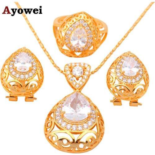 Shining Fashion Jewelry Set Gold tone Zircon Health Nickel & Lead free Earring Necklace Ring sz #5.75 #6.75 #7.75 JS355A