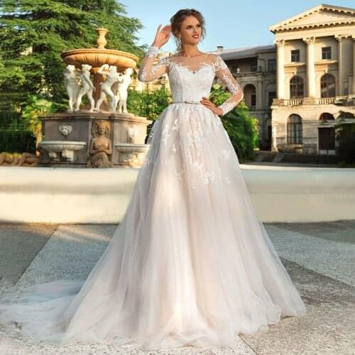 Long Sleeves Wedding Dress Illusion Lace Appliques with Belt Bridal Gowns Back Button and Lace Up Vestido De Noiva Wedding Gown