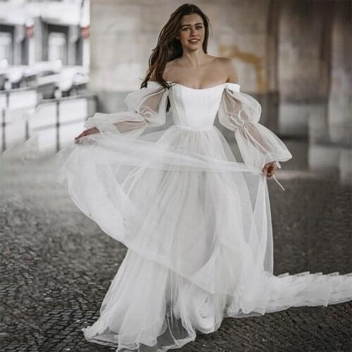 Boho Wedding Dresses Sexy Off Shoulder Puff Sleeves Beach Tulle Princess Wedding Gowns 2021 Plus Size Свадебное платье