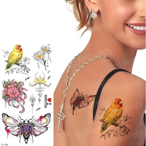 Tattoo girl temporary tattoo birds flowers fake tattoo back arm sleeves tatoo bikini summer tattoos sticker decals water color