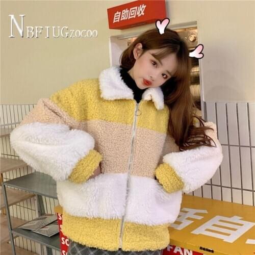 Candy Color Lapel Imitation Lambswool Warm Women Coat Long Sleeve Zipper Female Jacket